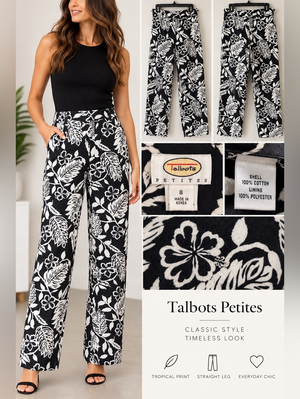 Talbots Petites Black & White Tropical Floral Wide Leg Pants Size 8P